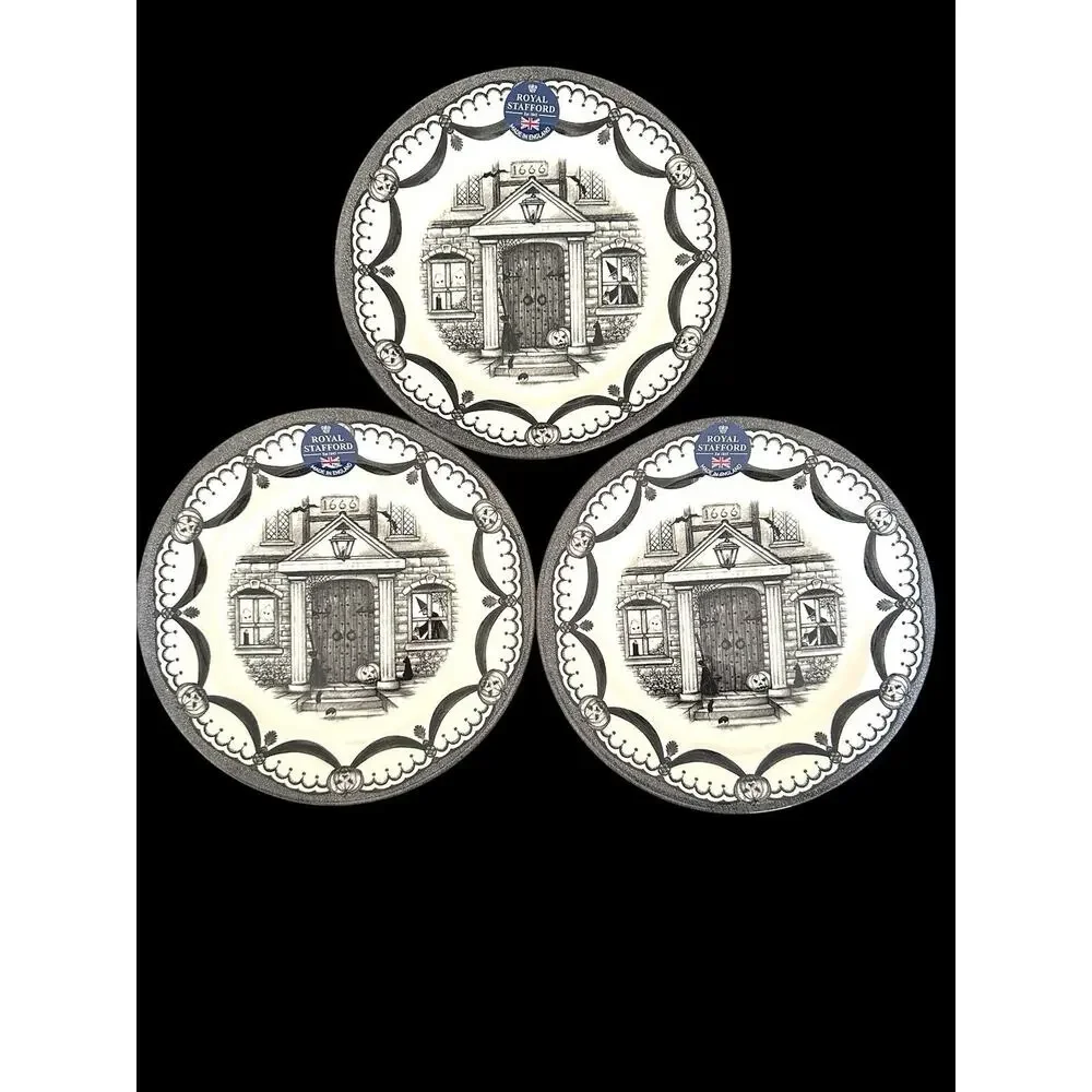 3 Royal Stafford Spookeyville Haunted House 1666~ 8.5” Salad Plates NWT